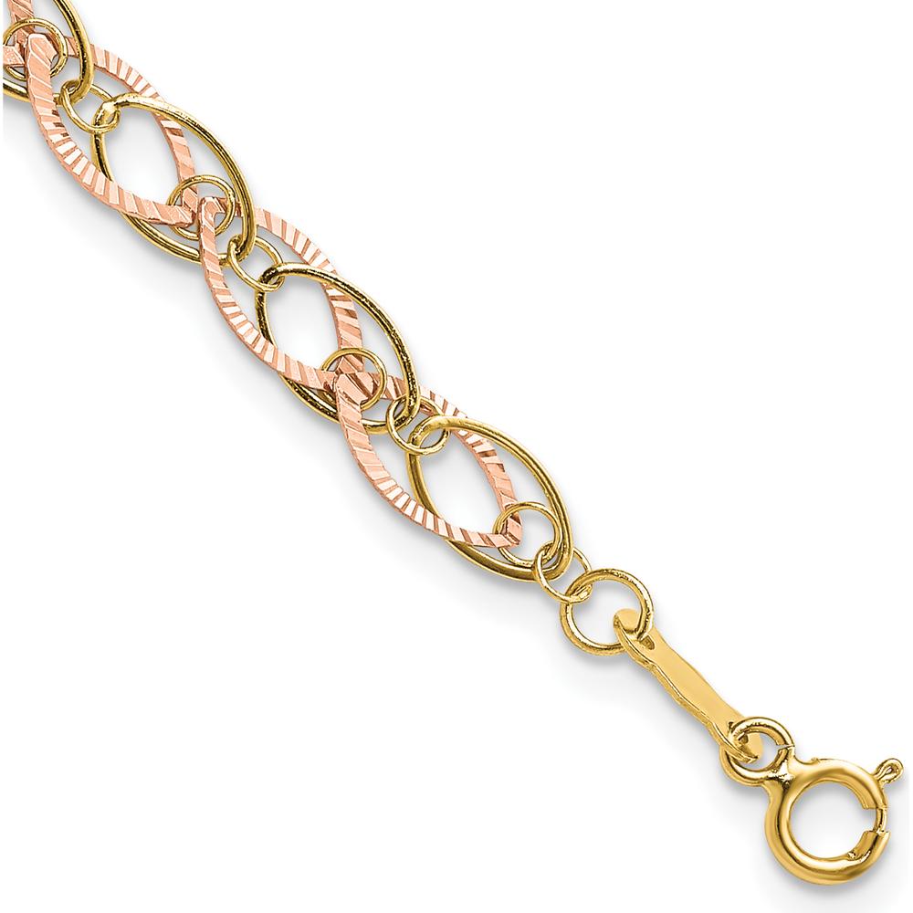 14K Two-Tone Polished and Textured Oval Link Bracelet - 7.25" Length by 0