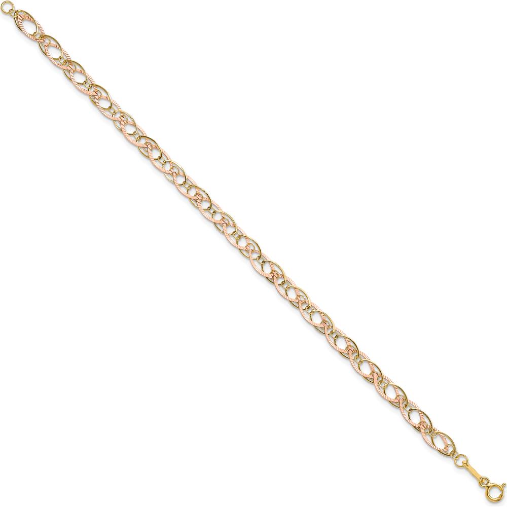 14K Two-Tone Polished and Textured Oval Link Bracelet - 7.25" Length by 0