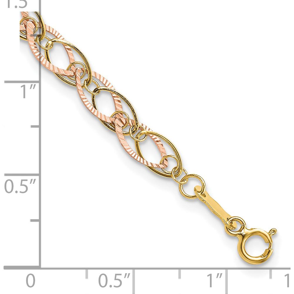 14K Two-Tone Polished and Textured Oval Link Bracelet - 7.25" Length by 0