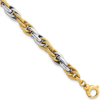 14K Two-Tone Polished and Twisted 6.5mm Lightweight Fancy Rope Link Bracelet - 7" Length by 0