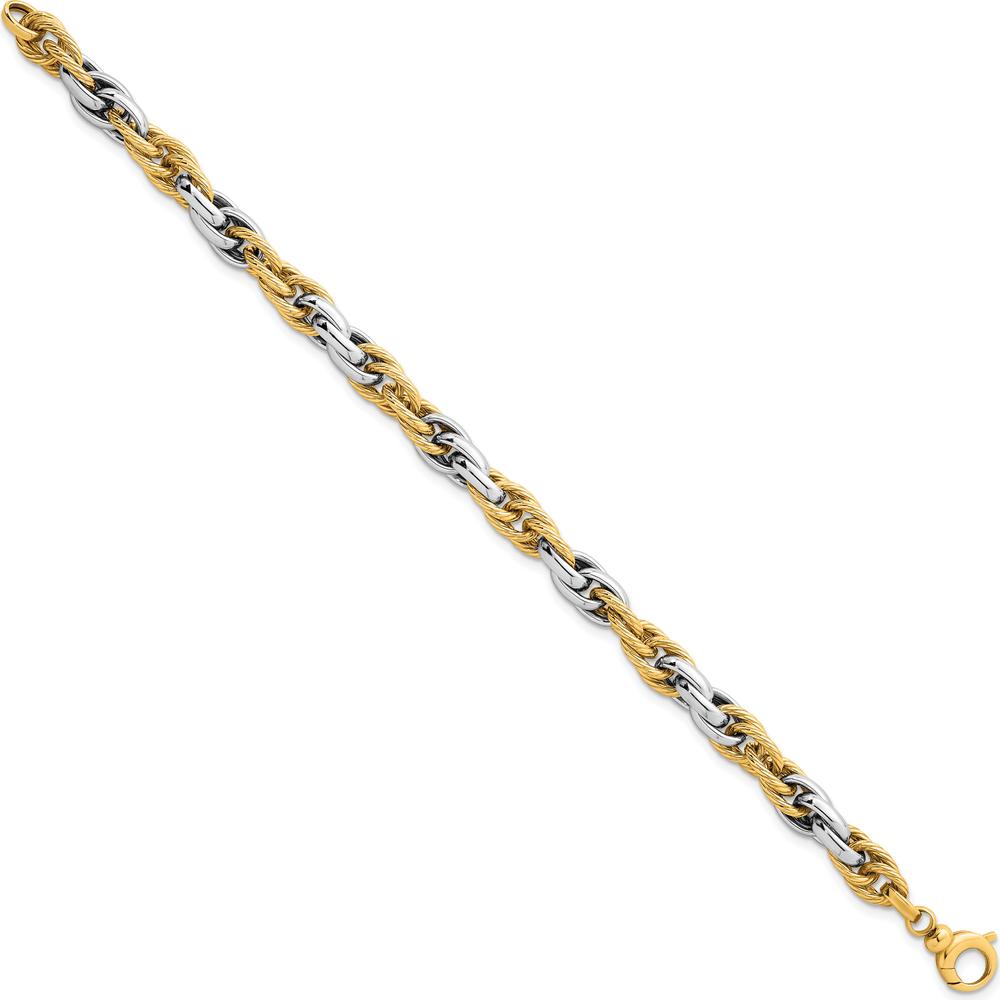 14K Two-Tone Polished and Twisted 6.5mm Lightweight Fancy Rope Link Bracelet - 7" Length by 0
