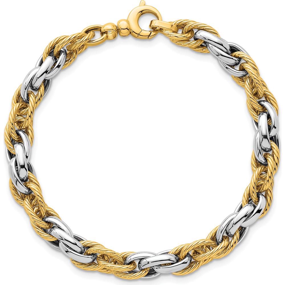14K Two-Tone Polished and Twisted 6.5mm Lightweight Fancy Rope Link Bracelet - 7" Length by 0
