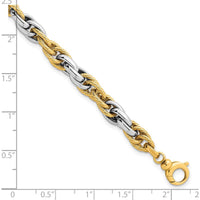 14K Two-Tone Polished and Twisted 6.5mm Lightweight Fancy Rope Link Bracelet - 7" Length by 0