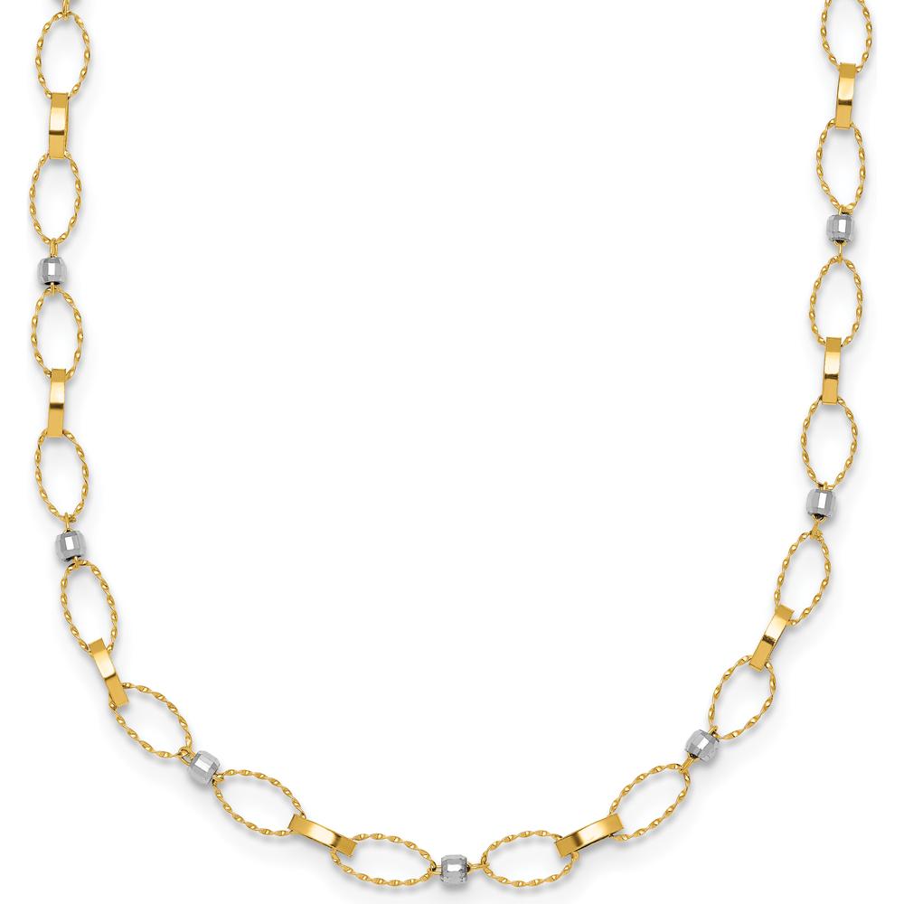 14K Two-Tone Polished and Twisted Fancy Oval Links Necklace with Faceted Beads - 18 Inches by 0