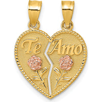 14K Two-Tone Polished Break-Apart Heart Pendant with "Te Amo" and Roses - A Symbol of Love by Oro Pregiato