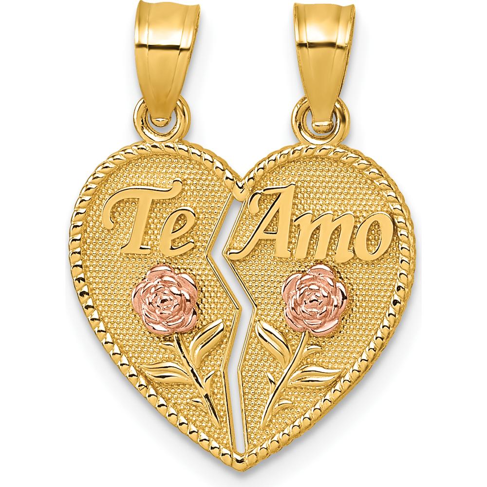 14K Two-Tone Polished Break-Apart Heart Pendant with "Te Amo" and Roses - A Symbol of Love by Oro Pregiato