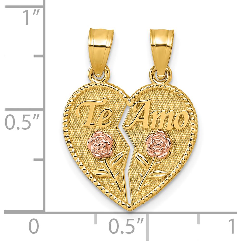14K Two-Tone Polished Break-Apart Heart Pendant with "Te Amo" and Roses - A Symbol of Love by Oro Pregiato
