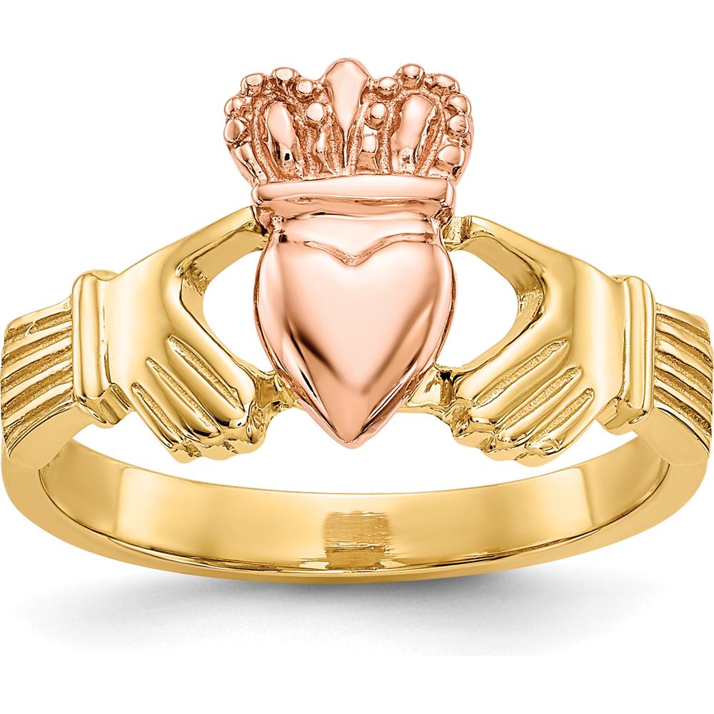 14K Two-Tone Polished Claddagh Ring with Rose Gold Heart and Crown Design by Oro Pregiato