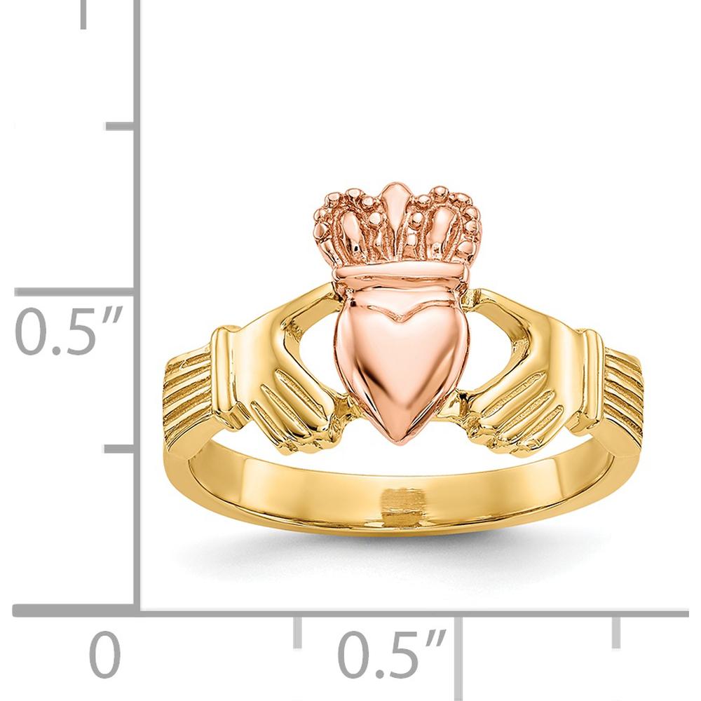 14K Two-Tone Polished Claddagh Ring with Rose Gold Heart and Crown Design by Oro Pregiato