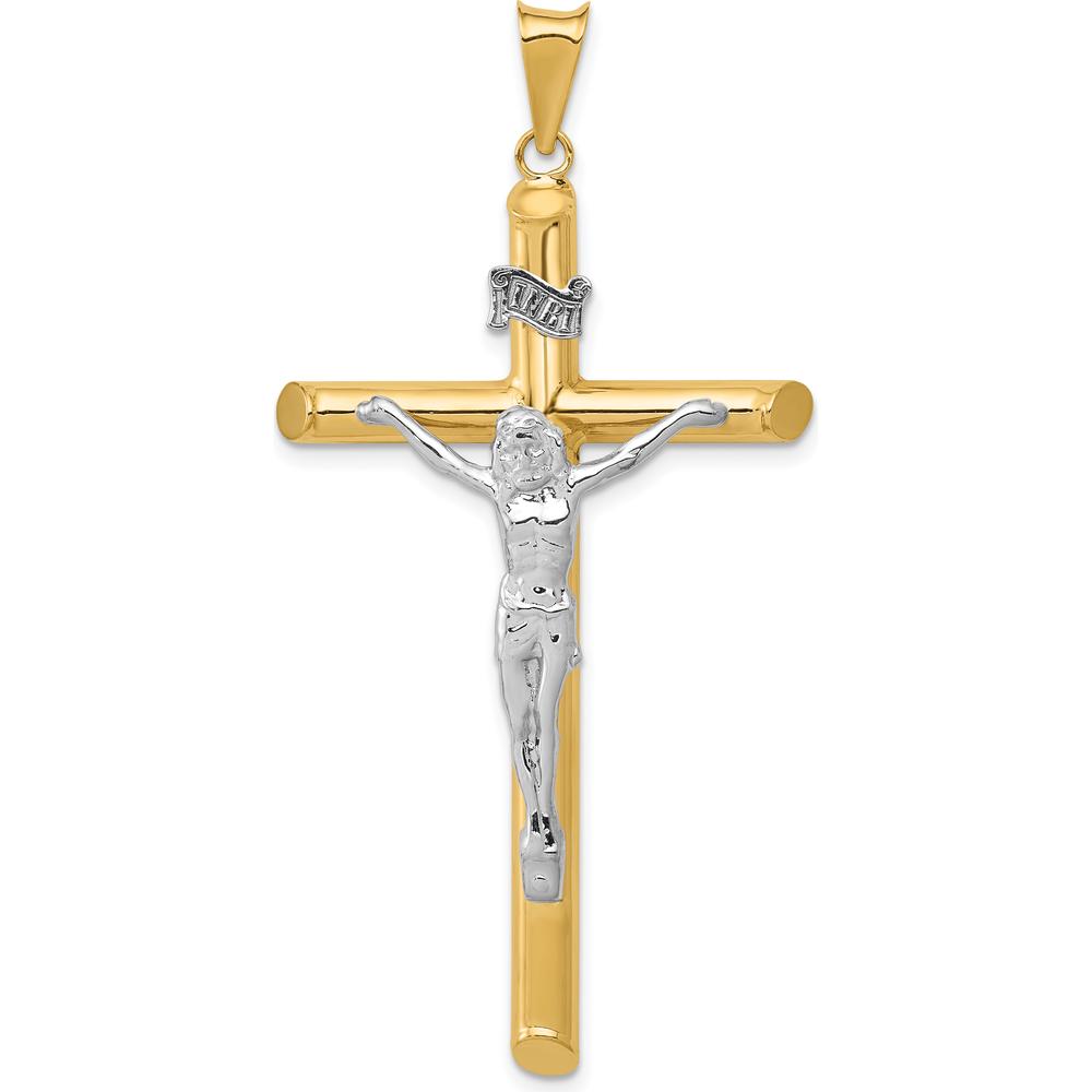 14K Two-Tone Polished Crucifix Pendant with Hollow Design - 57mm Length by Oro Pregiato