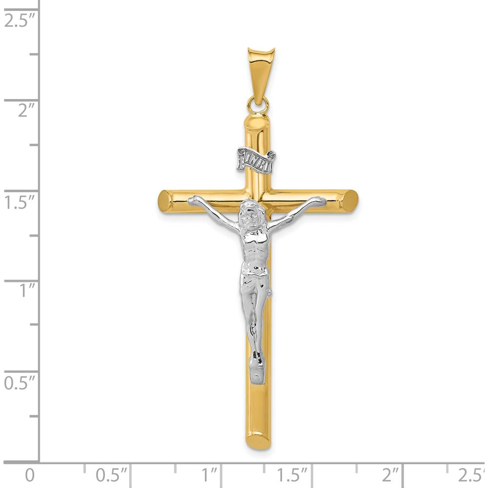 14K Two-Tone Polished Crucifix Pendant with Hollow Design - 57mm Length by Oro Pregiato