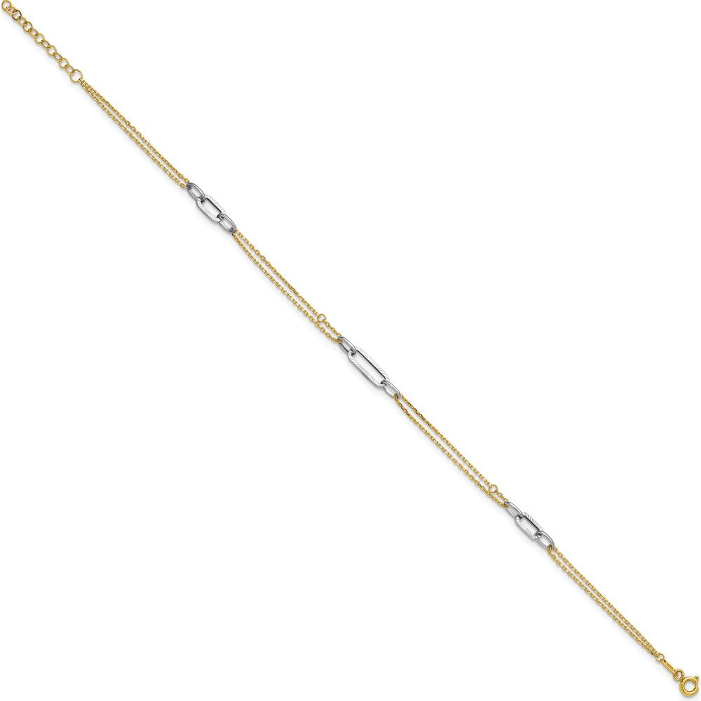 14K Two-Tone Polished Diamond-Cut 3-Station Anklet with 1" Extender - 10" Total Length