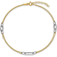 14K Two-Tone Polished Diamond-Cut 3-Station Anklet with 1" Extender - 10" Total Length