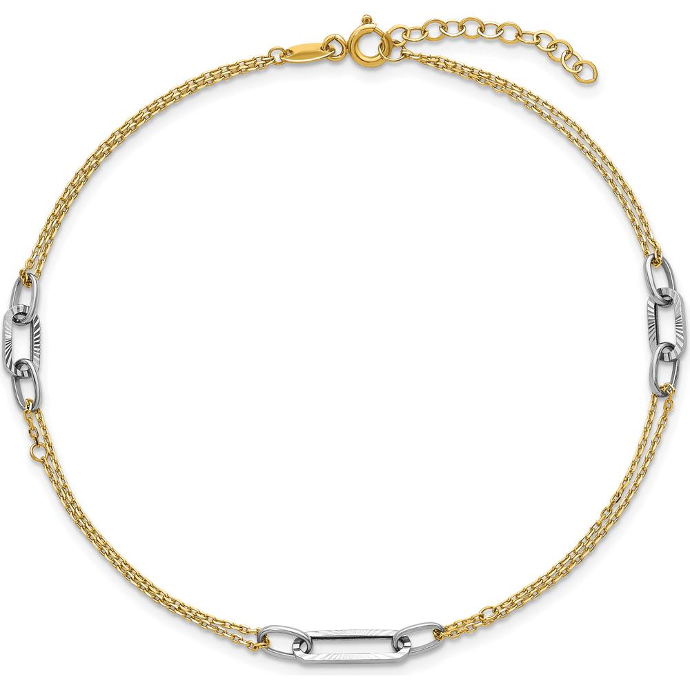 14K Two-Tone Polished Diamond-Cut 3-Station Anklet with 1" Extender - 10" Total Length