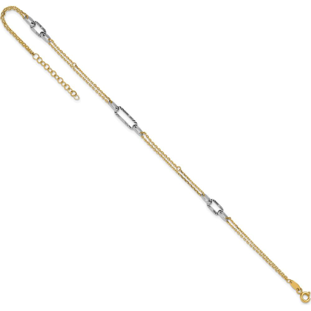 14K Two-Tone Polished Diamond-Cut 3-Station Anklet with 1" Extender - 10" Total Length