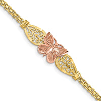 14K Two-Tone Polished Diamond-Cut Butterfly with Filigree and Bismark Chain Bracelet - 7" Length by Oro Pregiato