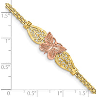 14K Two-Tone Polished Diamond-Cut Butterfly with Filigree and Bismark Chain Bracelet - 7" Length by Oro Pregiato