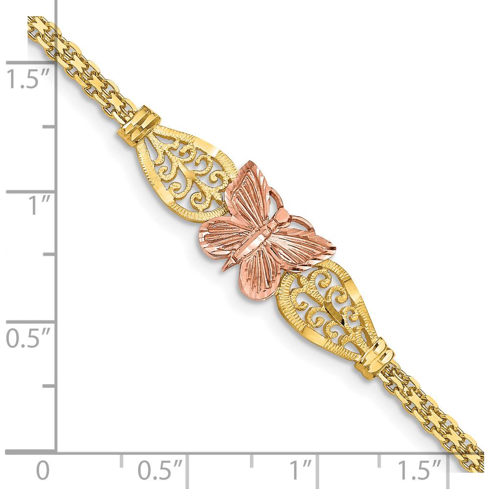 14K Two-Tone Polished Diamond-Cut Butterfly with Filigree and Bismark Chain Bracelet - 7" Length by Oro Pregiato