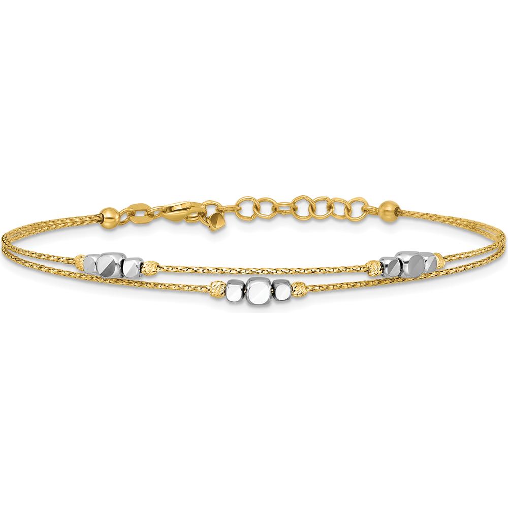 14K Two-Tone Polished Diamond-cut Double Strand Beaded 7" Bracelet with 1" Extension by Oro Pregiato