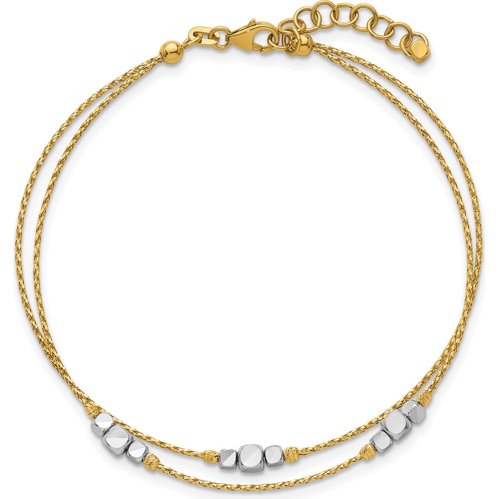 14K Two-Tone Polished Diamond-cut Double Strand Beaded 7" Bracelet with 1" Extension by Oro Pregiato