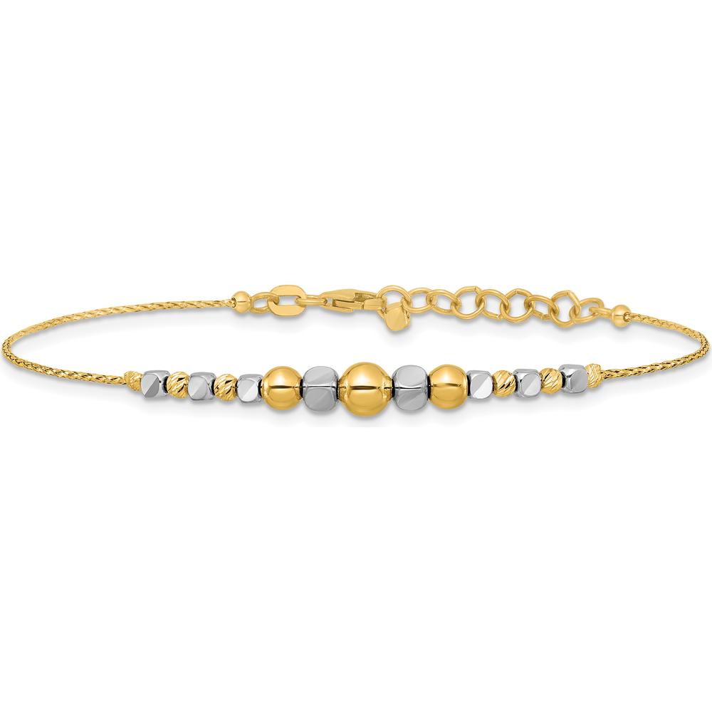 14K Two-Tone Polished Diamond-cut Round and Square Beaded 7" Bracelet with 1" Extension by Oro Pregiato