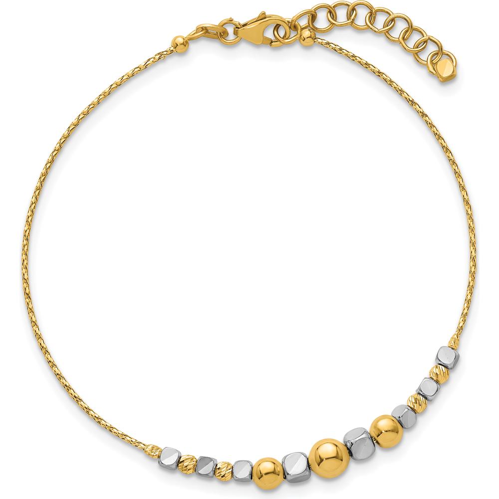 14K Two-Tone Polished Diamond-cut Round and Square Beaded 7" Bracelet with 1" Extension by Oro Pregiato