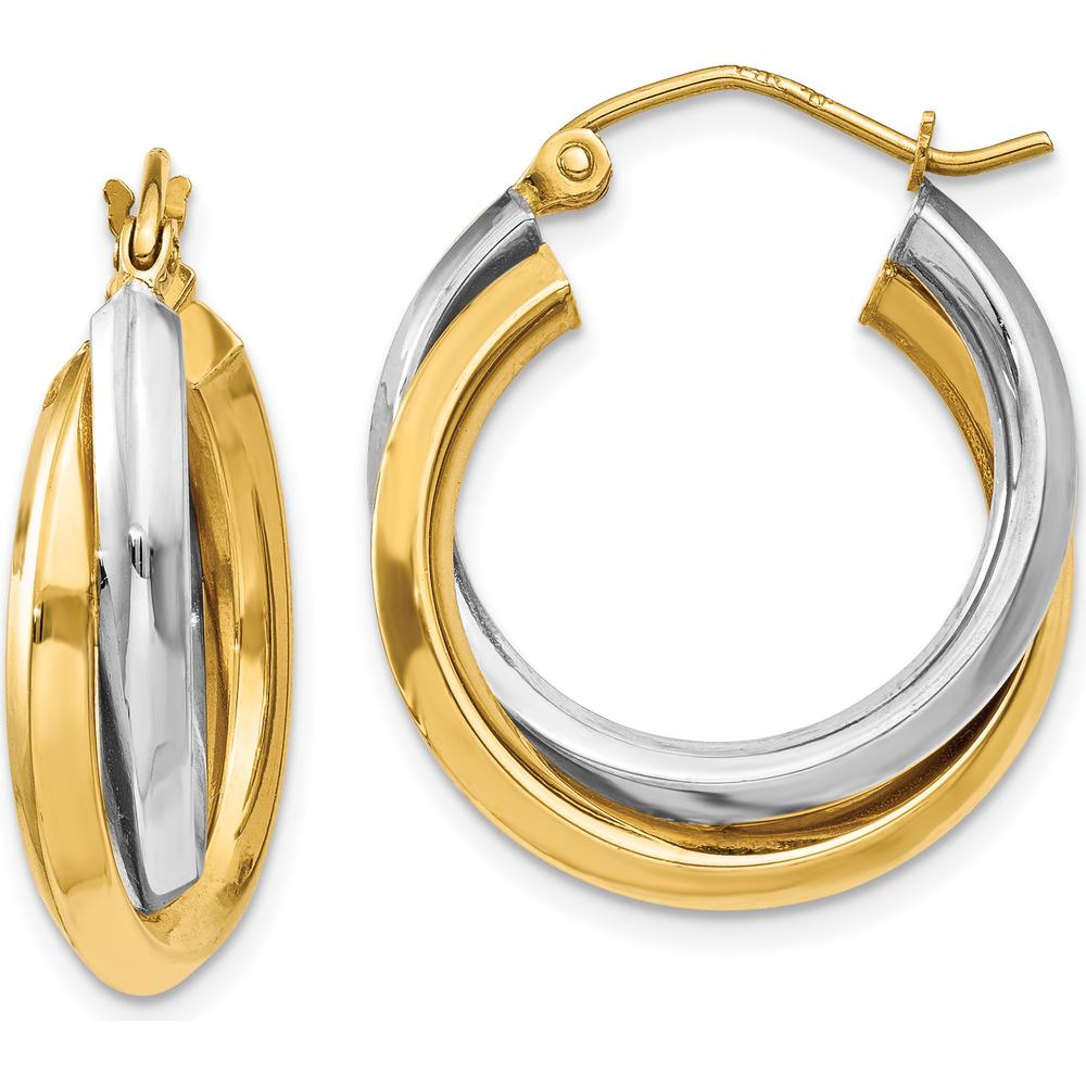 14K Two-Tone Polished Double Hoop Earrings - 14mm Length, 7mm Width by 0