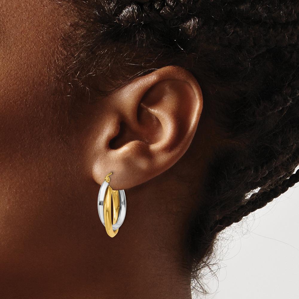 14K Two-Tone Polished Double Hoop Earrings - 14mm Length, 7mm Width by 0