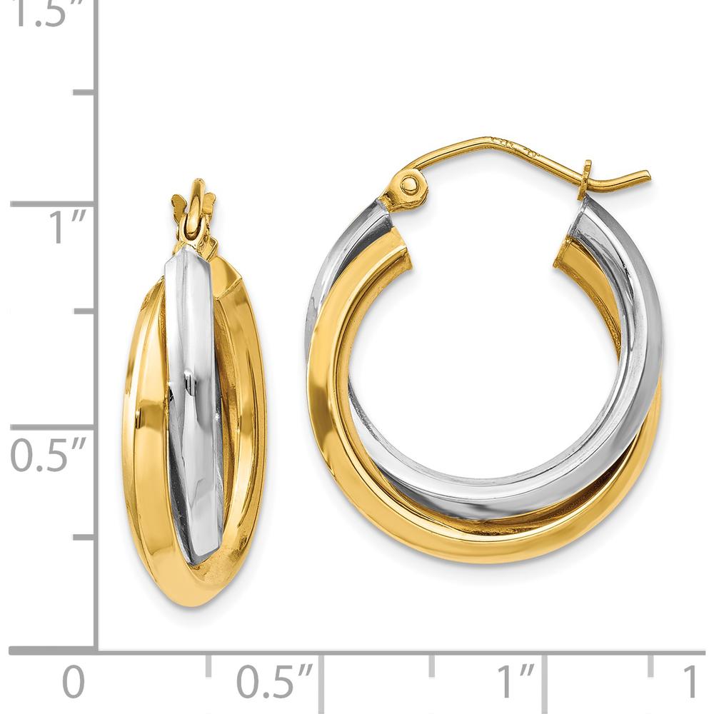 14K Two-Tone Polished Double Hoop Earrings - 14mm Length, 7mm Width by 0