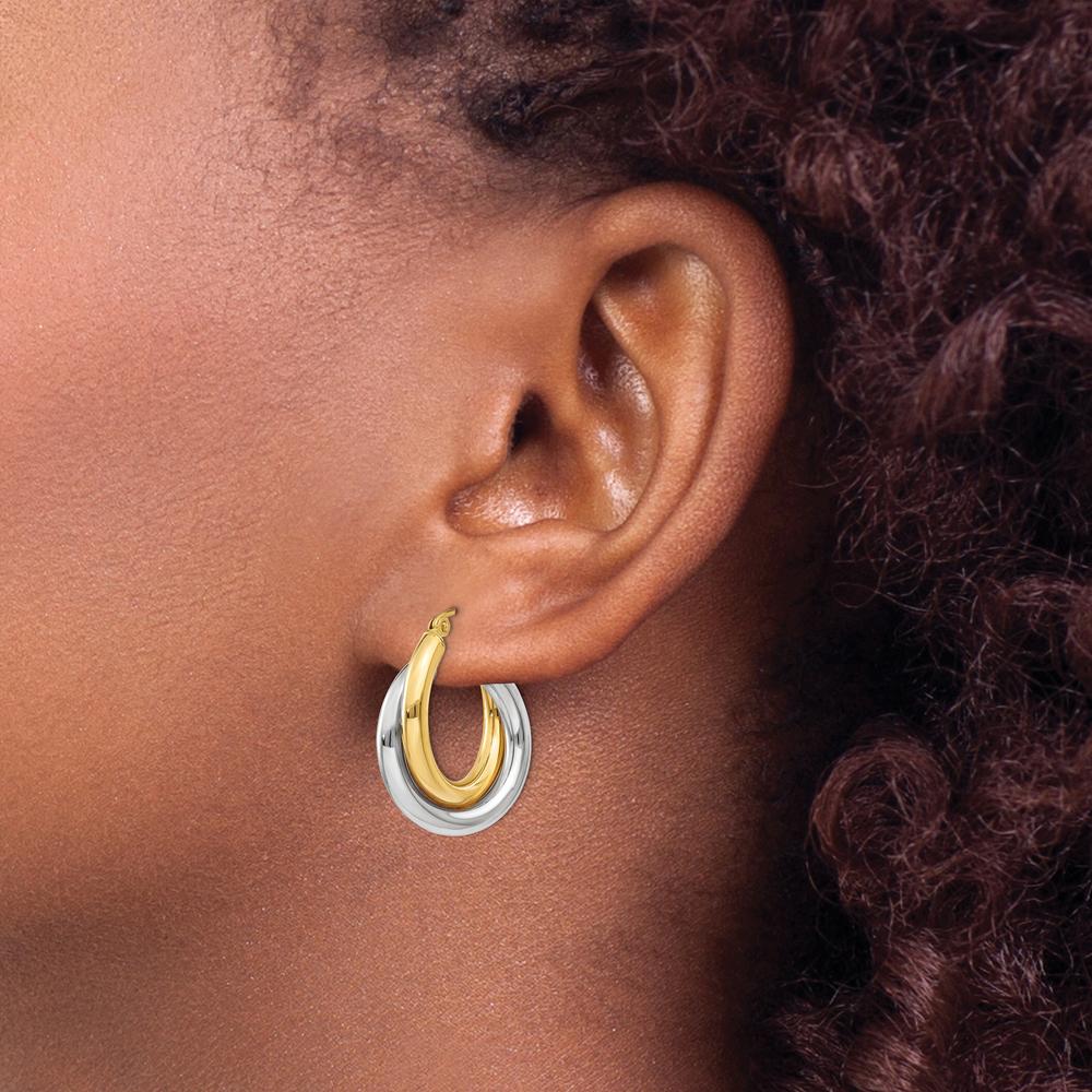 14K Two-Tone Polished Double Tube Hoop Earrings - 14mm Length, 7mm Width by Oro Pregiato