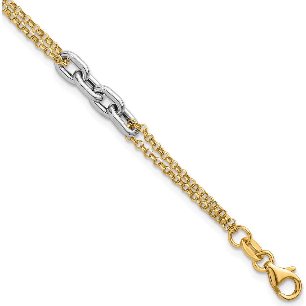 14K Two-Tone Polished Fancy Oval Link and Double Strand Chain Bracelet with 1" Extension by 0