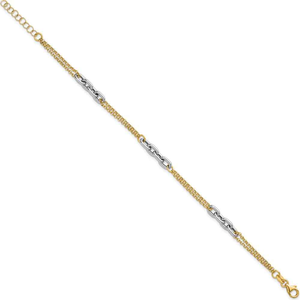 14K Two-Tone Polished Fancy Oval Link and Double Strand Chain Bracelet with 1" Extension by 0
