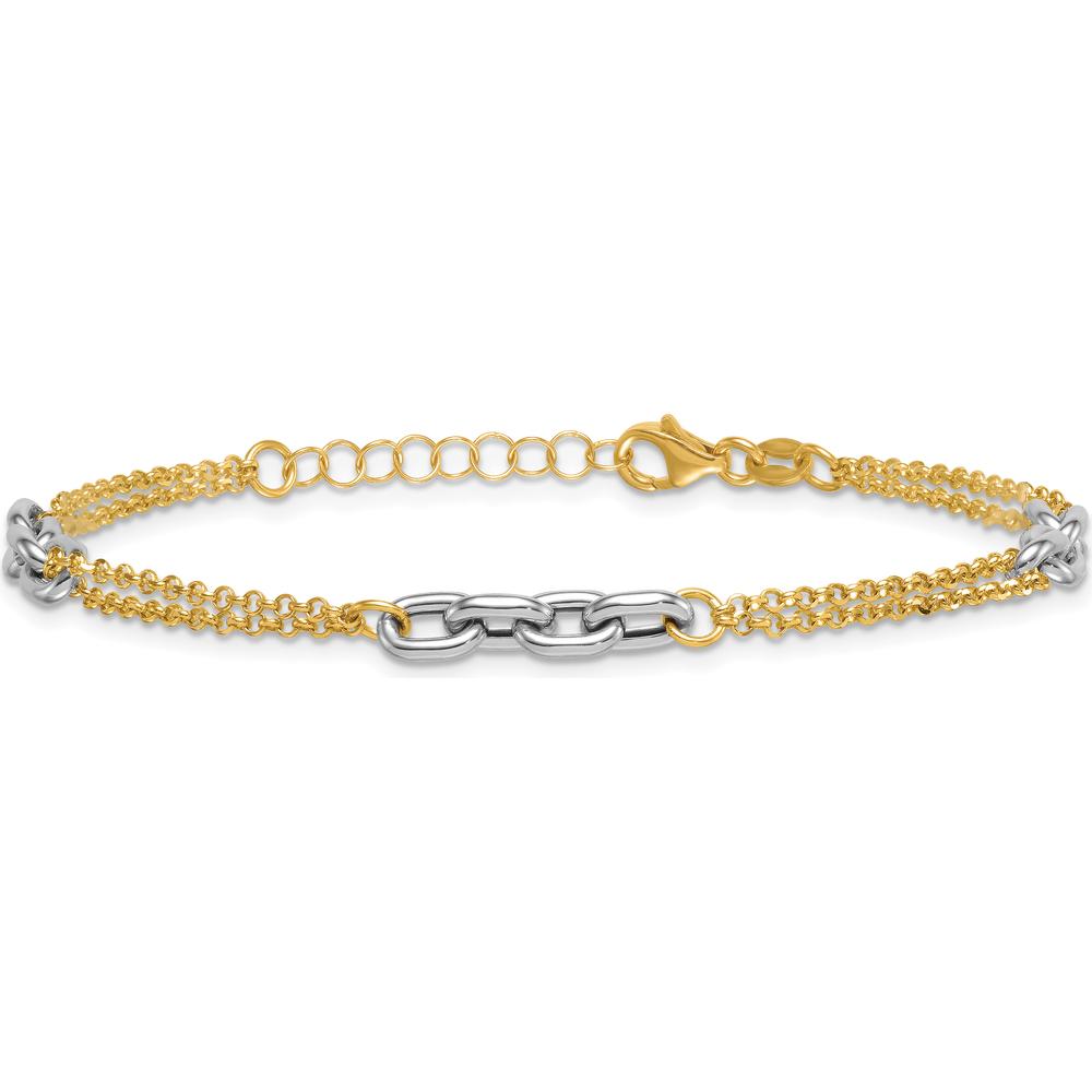 14K Two-Tone Polished Fancy Oval Link and Double Strand Chain Bracelet with 1" Extension by 0