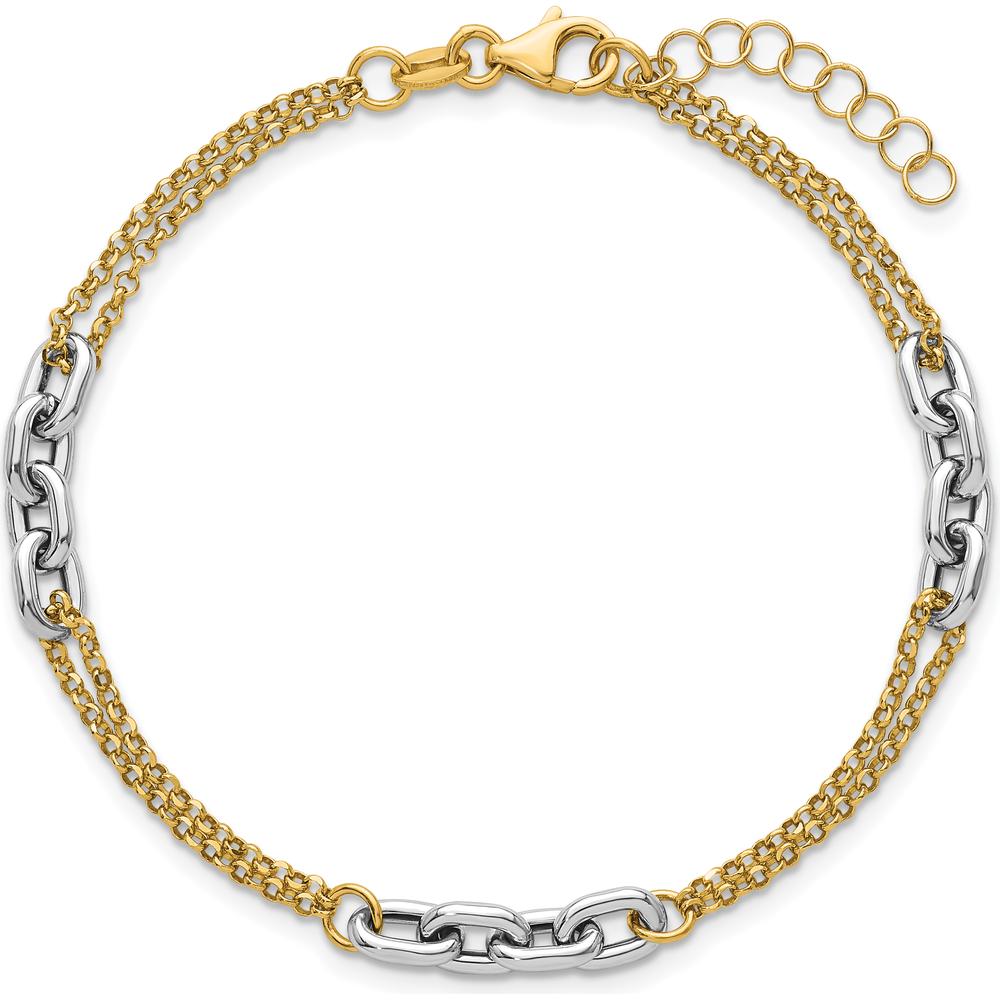 14K Two-Tone Polished Fancy Oval Link and Double Strand Chain Bracelet with 1" Extension by 0