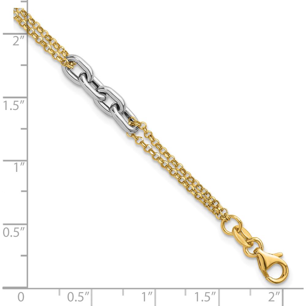 14K Two-Tone Polished Fancy Oval Link and Double Strand Chain Bracelet with 1" Extension by 0
