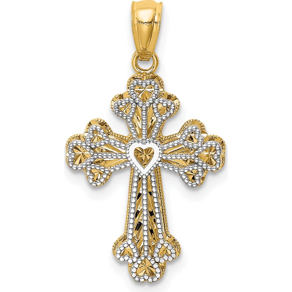 14K Two-Tone Polished Filigree Heart Cross Pendant with Reversible Design - 30mm Length by Oro Pregiato