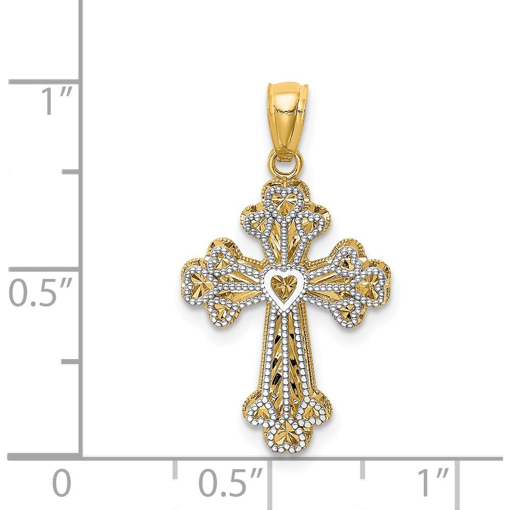 14K Two-Tone Polished Filigree Heart Cross Pendant with Reversible Design - 30mm Length by Oro Pregiato