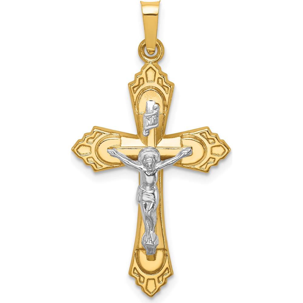 14K Two-Tone Polished Fleur de Lis Crucifix Pendant by Oro Pregiato