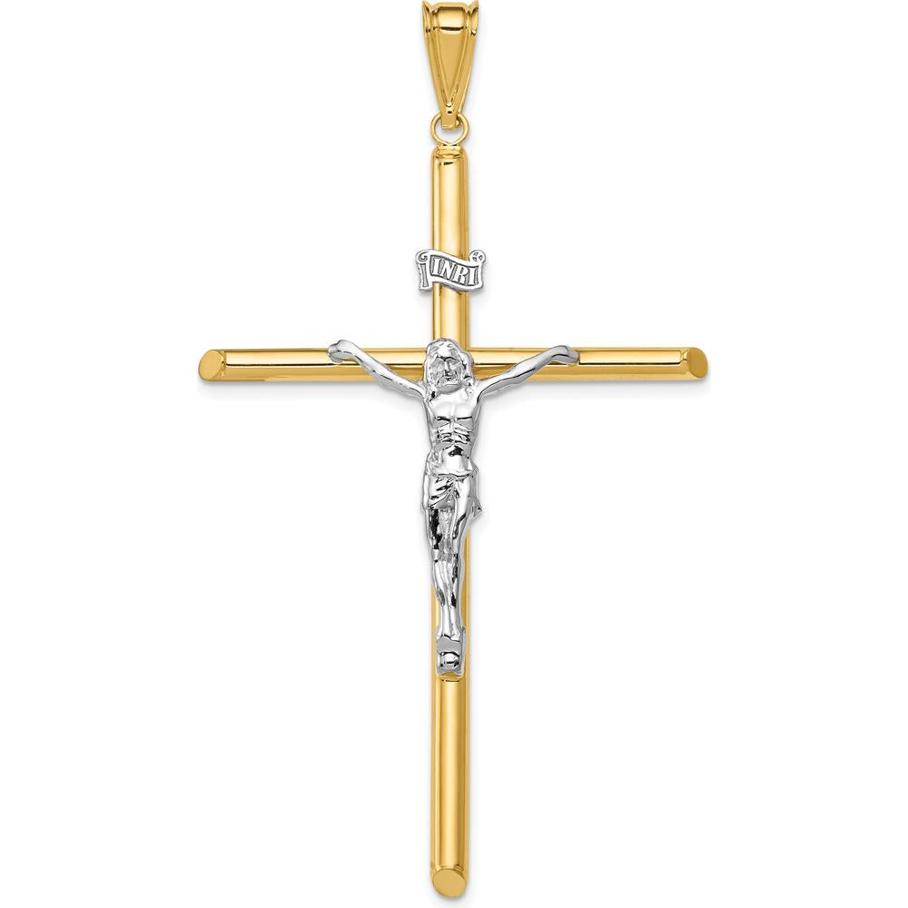 14K Two-Tone Polished INRI Crucifix Pendant - 69mm Length, 39mm Width, Hollow Design by Oro Pregiato