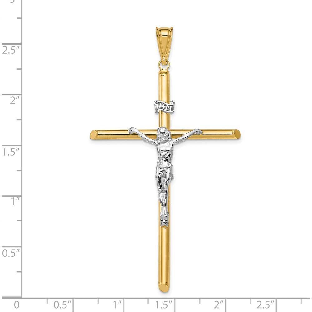 14K Two-Tone Polished INRI Crucifix Pendant - 69mm Length, 39mm Width, Hollow Design by Oro Pregiato