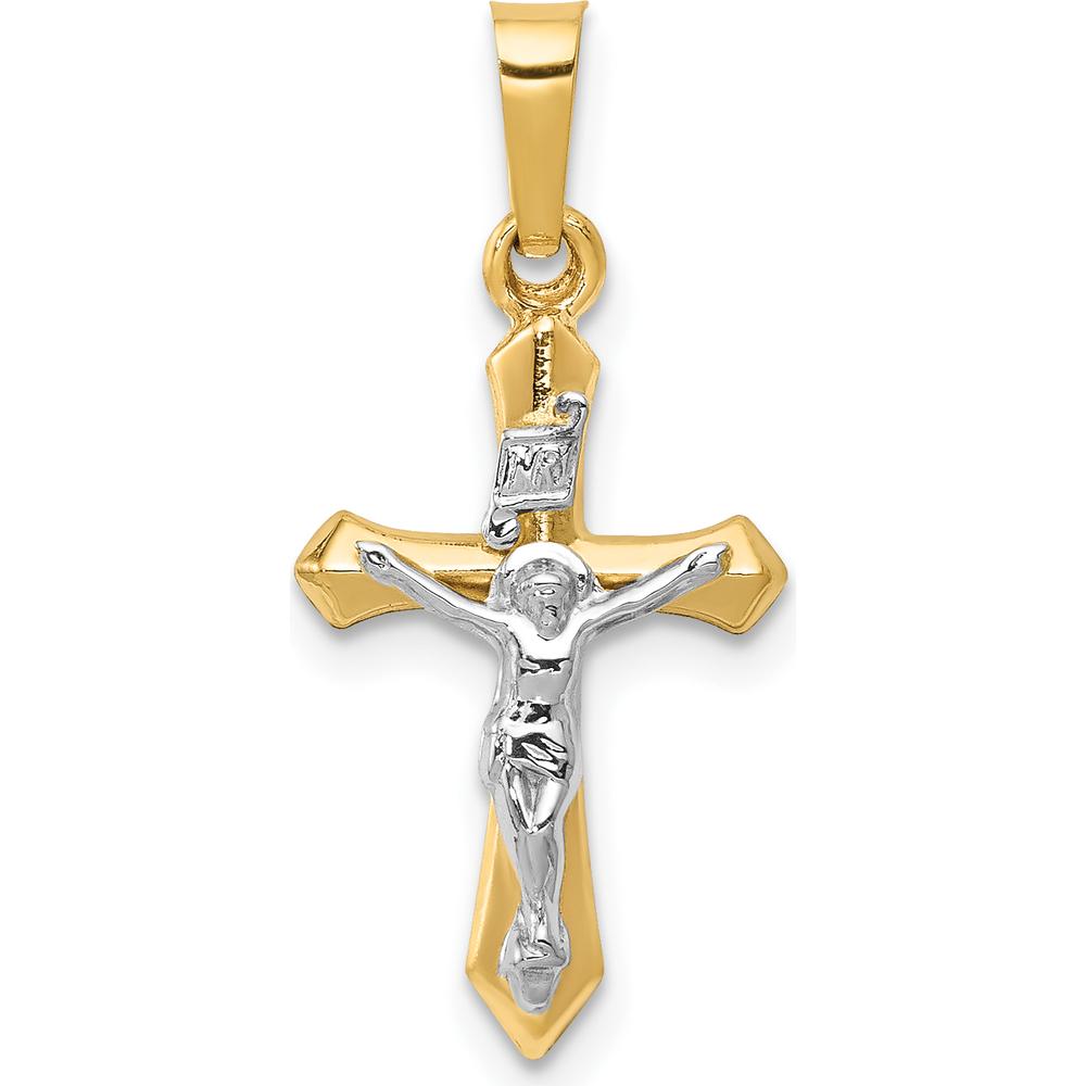 14K Two-Tone Polished INRI Crucifix Pendant with Hollow Die-Struck Design - 24mm Length by Oro Pregiato