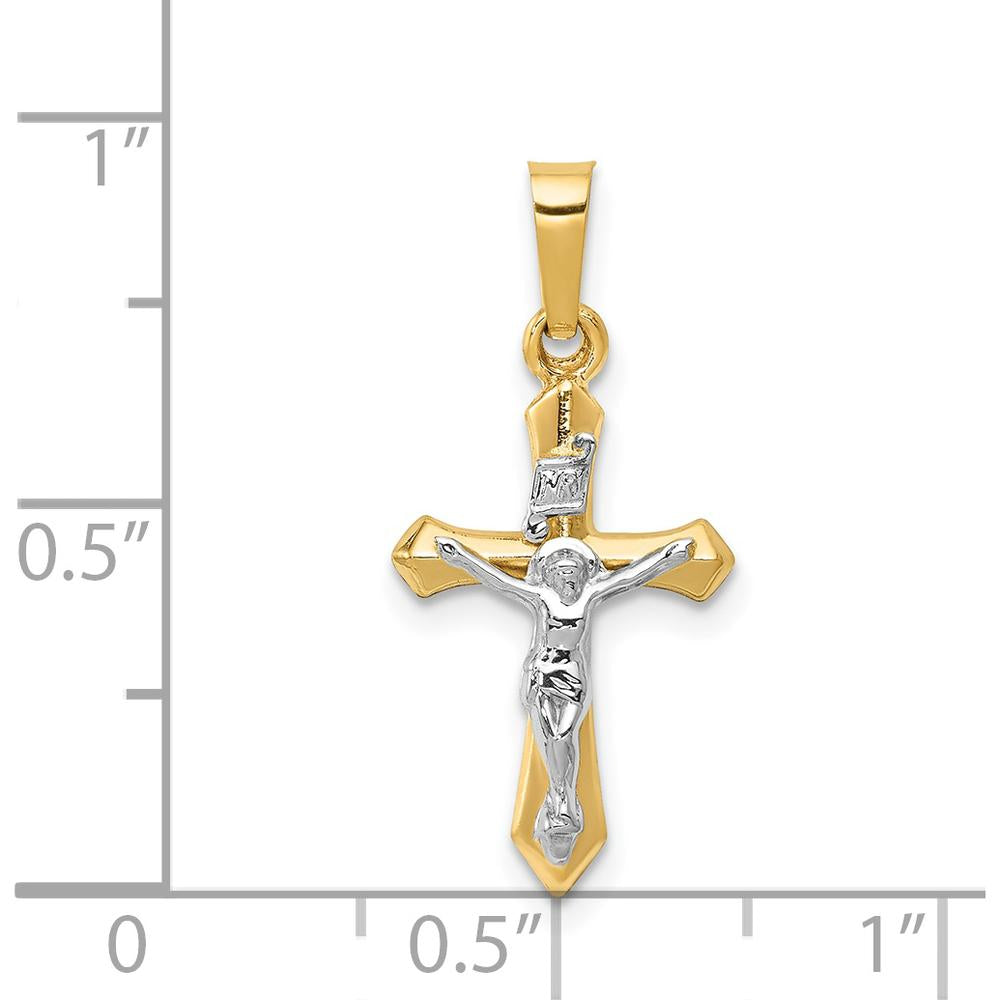 14K Two-Tone Polished INRI Crucifix Pendant with Hollow Die-Struck Design - 24mm Length by Oro Pregiato