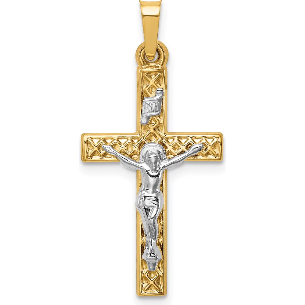 14K Two-Tone Polished Lattice Textured INRI Crucifix Pendant by Oro Pregiato