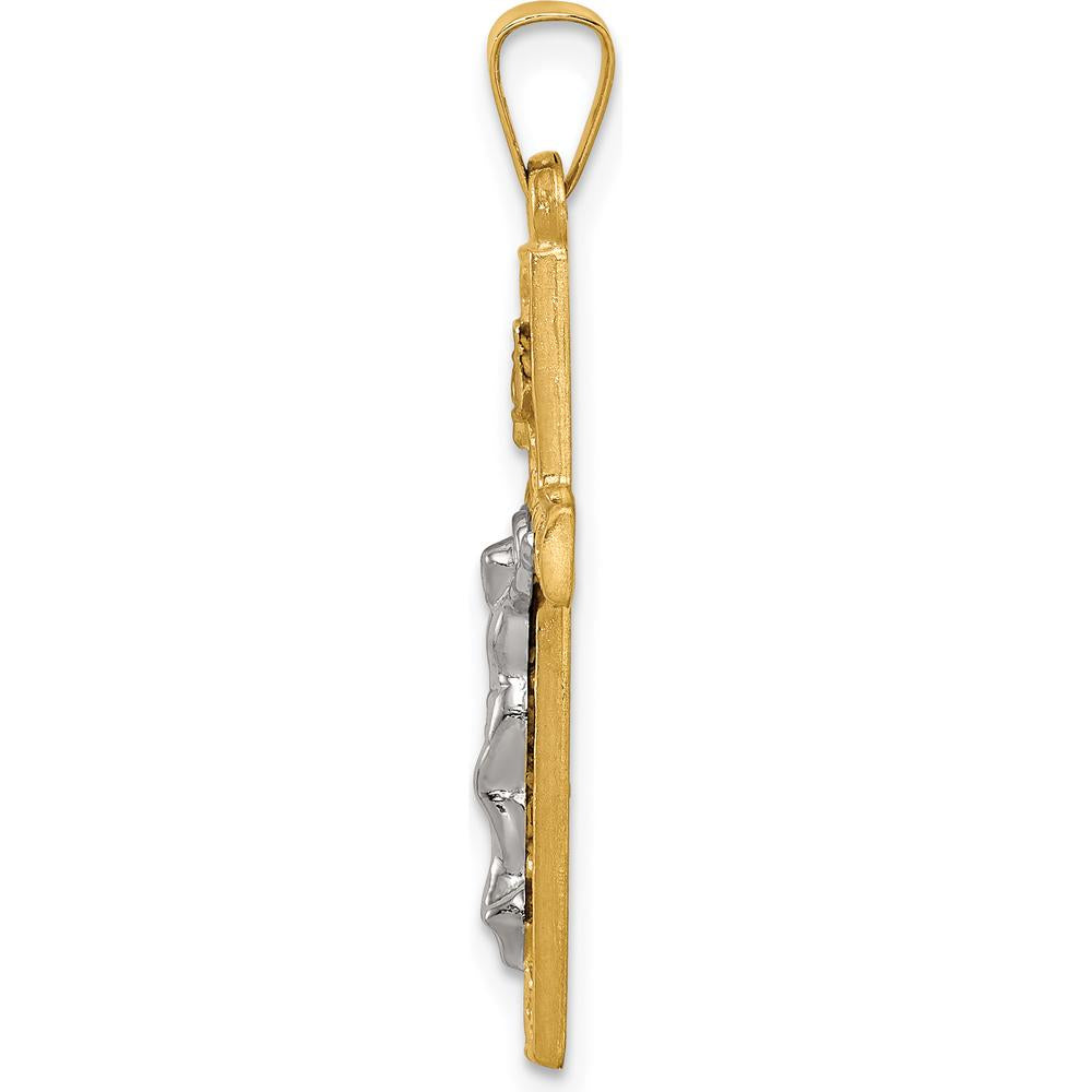 14K Two-Tone Polished Lattice Textured INRI Crucifix Pendant by Oro Pregiato
