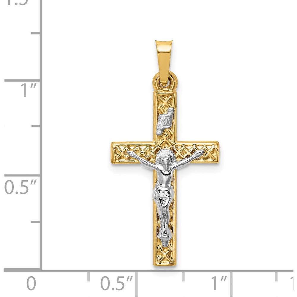 14K Two-Tone Polished Lattice Textured INRI Crucifix Pendant by Oro Pregiato