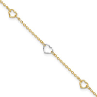 14K Two-Tone Polished Open Hearts Anklet with 5 Stations - Adjustable 9" + 1" Extender