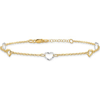 14K Two-Tone Polished Open Hearts Anklet with 5 Stations - Adjustable 9" + 1" Extender