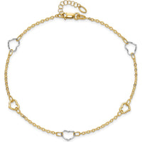 14K Two-Tone Polished Open Hearts Anklet with 5 Stations - Adjustable 9" + 1" Extender