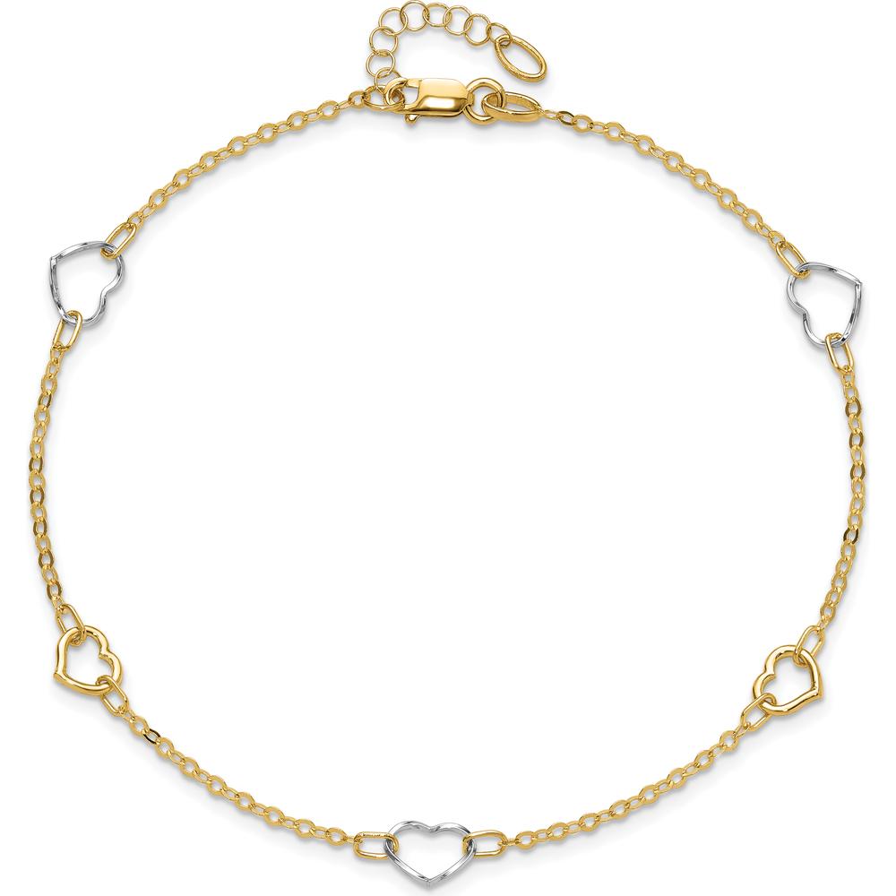 14K Two-Tone Polished Open Hearts Anklet with 5 Stations - Adjustable 9" + 1" Extender