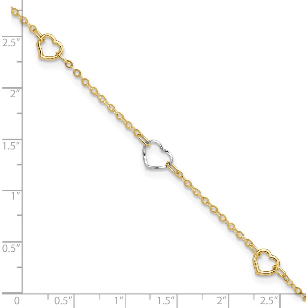 14K Two-Tone Polished Open Hearts Anklet with 5 Stations - Adjustable 9" + 1" Extender